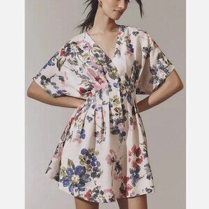 Anthropologie The Tobie Linen Pleated Mini Shirt Dress Exquise Floral LP L P NWT